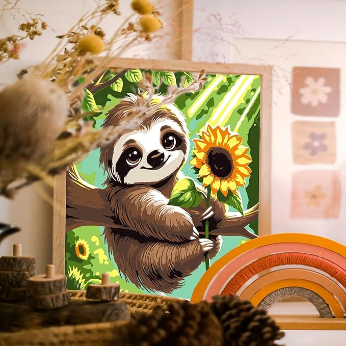 Gemozaic Sloth Paint by Numbers Kit for Kids with Frame and Easel, Paint by Numbers for Kids Ages 8-12, DIY Acrylic Oil Painting for Home Wall Decor, 8x8 Inch