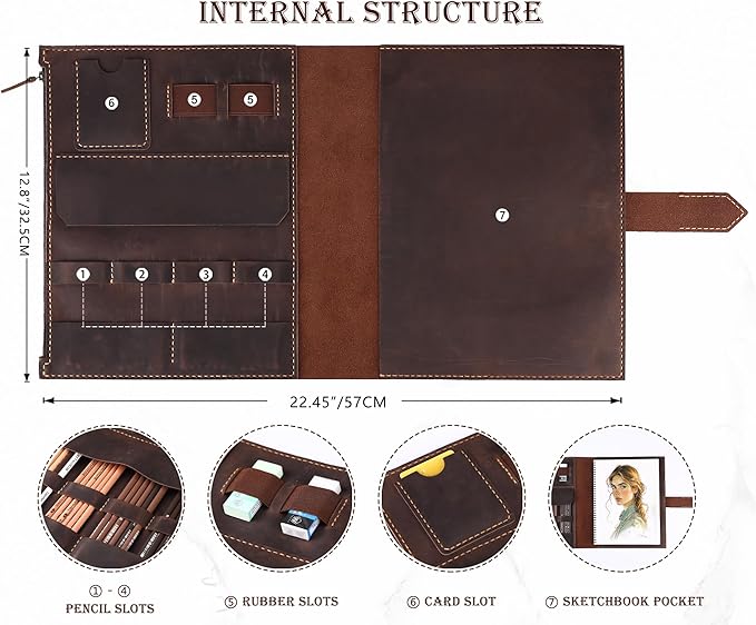 Leather Sketchbook Cover for A4/9"x12" sketch pads - Handmade Genuine Leather Artist Case with Pencil Holder & Zipper Pocket, Professional Drawing Supplies (D.Brown, 9"x12")