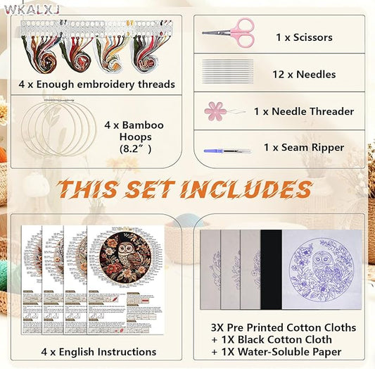 wkalxj 4 sets owl embroidery kit - 8.2" hoops, embroidery kit for beginners to advanced, cross stitch kits, needlepoint kits with instruction, video, needle point kits (advanced owl set)