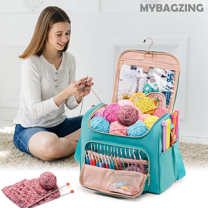MYBAGZING Crochet Bag Organizer, Quilted Storage Bag with Hanging Hook, Yarn Holder for Knitting & Crochet Accessories, Crochet Gift for Mother's Day