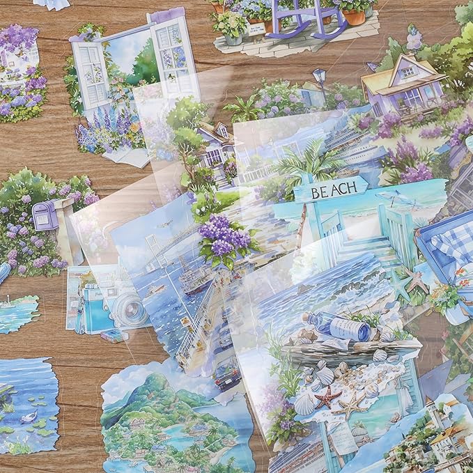 20 Sheets PET Beach Scrapbook Stickers 150 Pre-Cut Summer Stickers for Scrapbooking Transparent Sticker for journaling Junk journaling Supplies