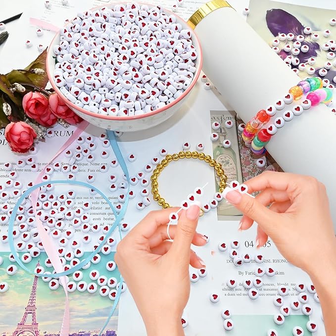1000pcs Red Heart Beads Flat Round Acrylic Beads Loose Beads 7x4mm for Jewelry Making