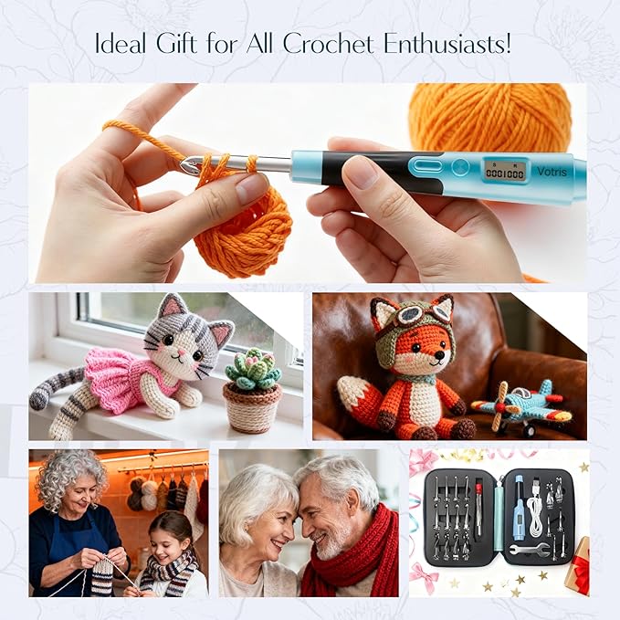 Votris 18 in 1 Counting Crochet Hooks, Light up Crochet Hook Set with Digital Stitch Counter 2.0mm-14.0mm, Rechargeable & Interchangeable Heads Lighted Crochet Hook Set, Ergonomic Handles for Beginner