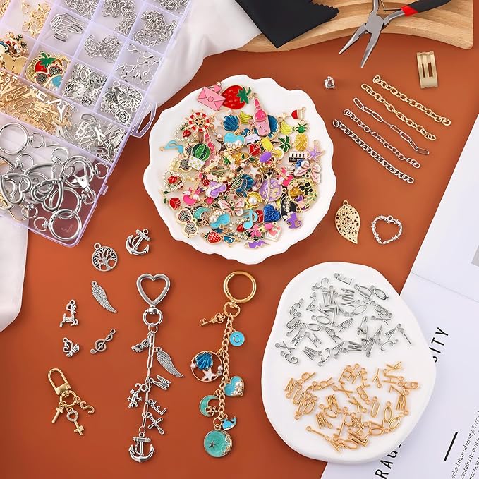 Zefy 552Pcs Charms Lip Gloss Keychain Making Kit, Gold Silver Bag Charm Kit, Including 214 Charms 24 Key Chain Clips with Organizer Box, DIY Craft Supplies for Jewelry Making and Gifts
