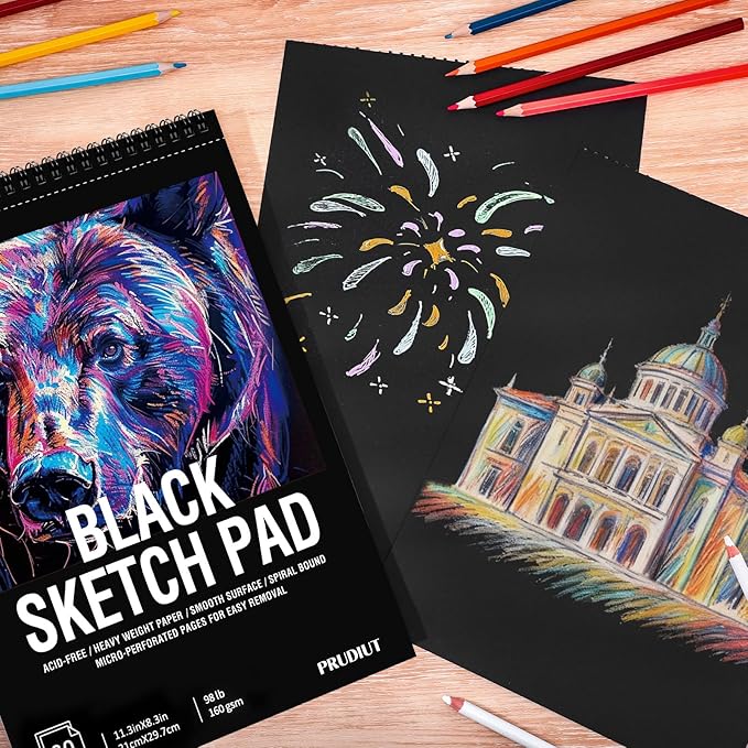 30 Sheets Black Paper Sketchbook, 98lb/160gsm Heavyweight Black Sketch Pad 8.3×11.7in, Acid-Free Drawing Paper, Spiral Bound Sketch Book for Kids, Teens, Artist
