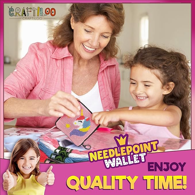 CRAFTILOO Needlepoint Kit for Kids — Beginner Cross Stitch Sewing Kit with Pre Printed Canvas, Easy Embroidery Arts and Crafts Starter Set for Girls and Boys Ages 6-12 (Unicorn)
