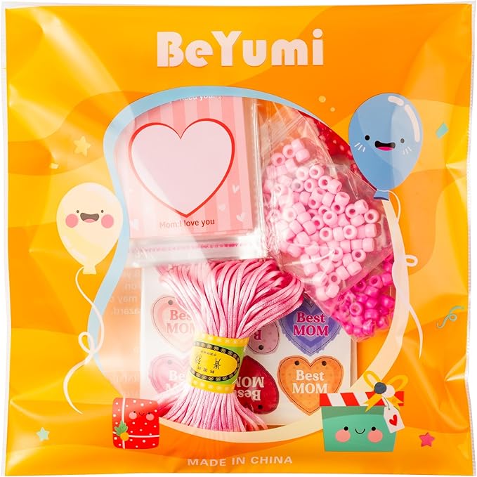 BeYumi Mom Necklace Craft Kit - 24Pcs DIY Mother's day Best Mom Wooden Heart Pendant Beads Necklace Making with Greeting Card Love Mother Make Your Own Gift for Kid School Classroom Family Party Favor