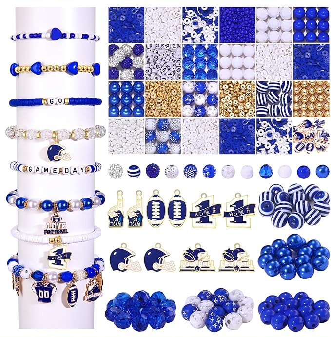 HSWE Game Day Beads Bracelet Kit Assorted Blue White Heishi Clay Pearl Letter Round Loose Beads Gold Spacer Beads with Sports Football Charms for DIY Bracelets Necklace Making