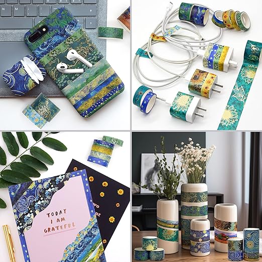 36 Rolls Van Gogh Washi Tape Set with Gold Foil, 6 Sizes Art Decorative Masking Tape, Aesthetic Masterpiece Collection for Scrapbooking, Journaling, DIY Crafts & Gift Wrapping - No-Residue