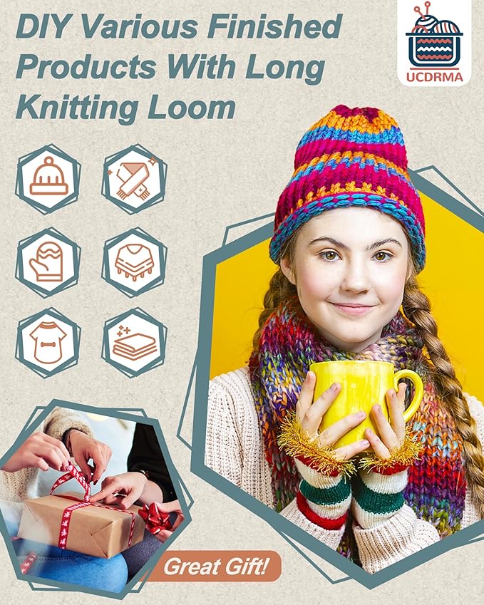 UCDRMA Upgraded Adjustable-Pegs Loom Knitting Kit (Pre-Installed Pegs), 2-in-1 Knitting Loom Set Quick Crochet Loom with 12 Yarn & Instructions & Pom Pom Maker, Scarf Loom Crochet Kit for Beginners