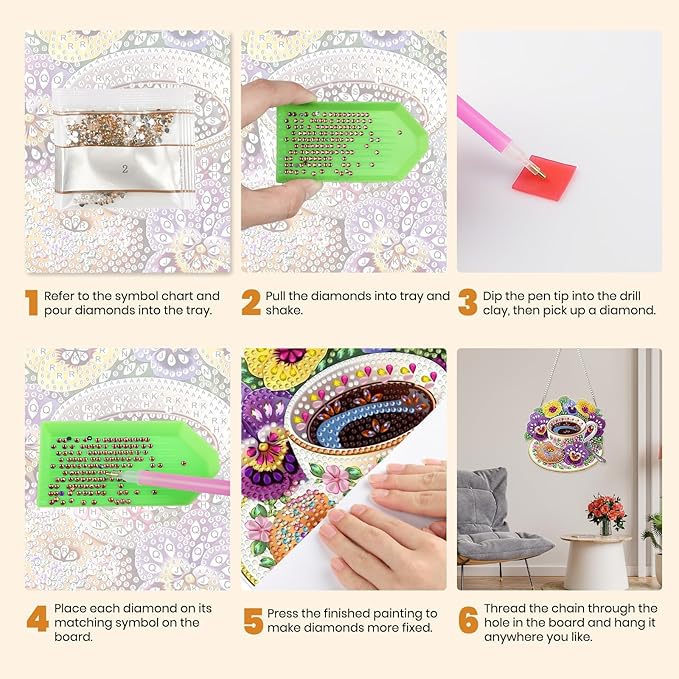 MXJSUA Pansies Flowers Coffee Diamond Painting Art Window Suncatchers, Diamond Art Kits for Adults Hanging Ornaments with Chain, 5D Special Shape Crystal Diamond Pendant Accessories for Decor Gift
