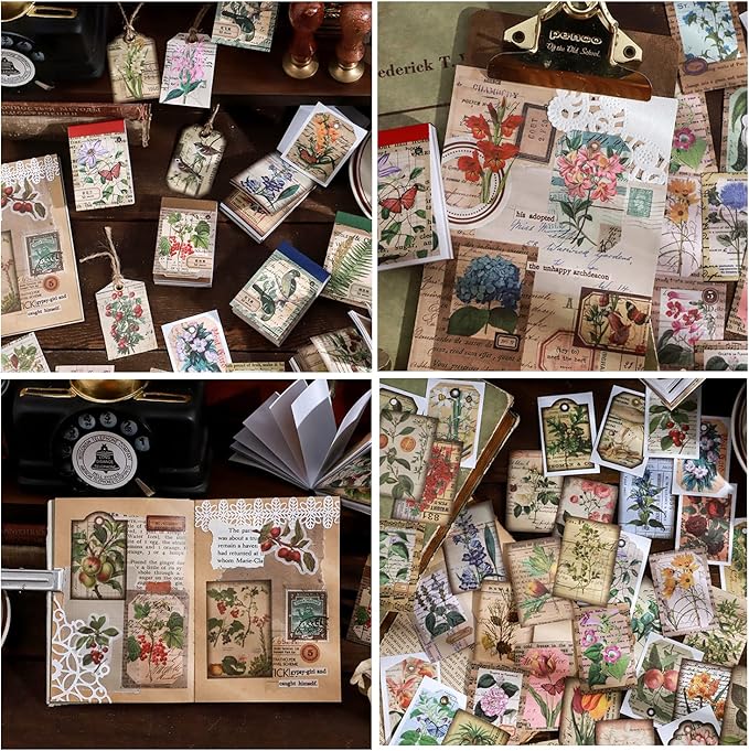 300 Pcs Scrapbook Washi Stickers,Vintage Flower Butterfly Botanical Sticker Book for Junk Journal,Decorative Paper Stickers for Bullet Journal, Album, Collage, Planner, Gift Wrapping