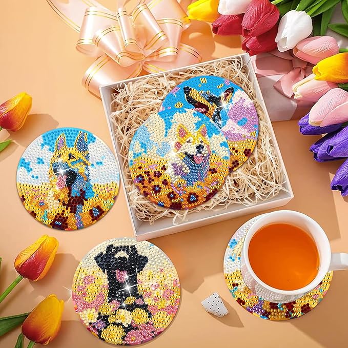 EWJRNSF 10 PCS Diamond Art Coasters Kit, Small Diamond Painting Coasters, Fall Diamond Art Kits for Adults Beginners, Arts and Crafts Supplies Item Sets with Holder Dog
