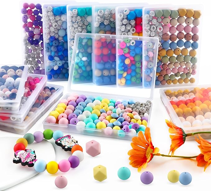120Pcs Multicolor 12mm 15mm Silicone Beads for Keychain Making, 14mm Hexagon Beads Rhinestone Round Spacer 10mm for DIY Handicrafts(Warm)