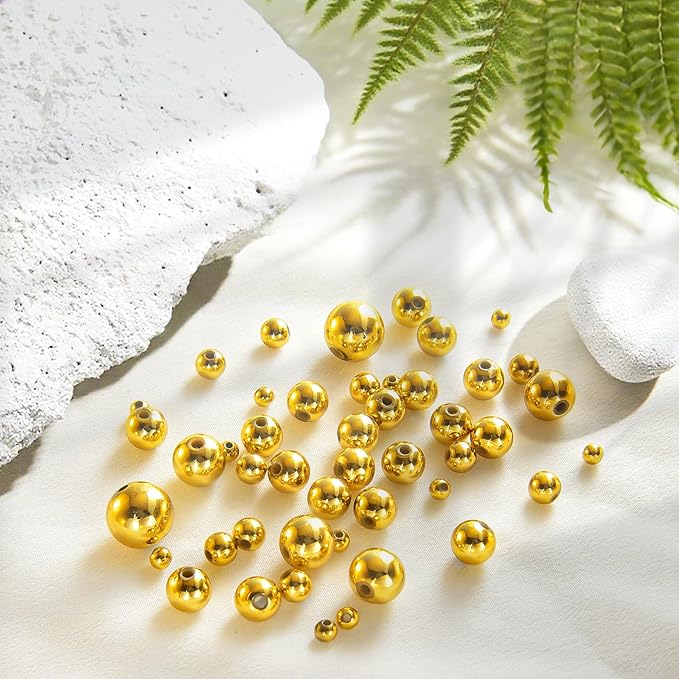 Laopottbeads 1225 Pcs Gold Beads with Oxidation-Resistant Finish, 4/6/8/10/12mm Round Beads DIY Kit for Bracelets, Earrings, Necklaces & Anklets