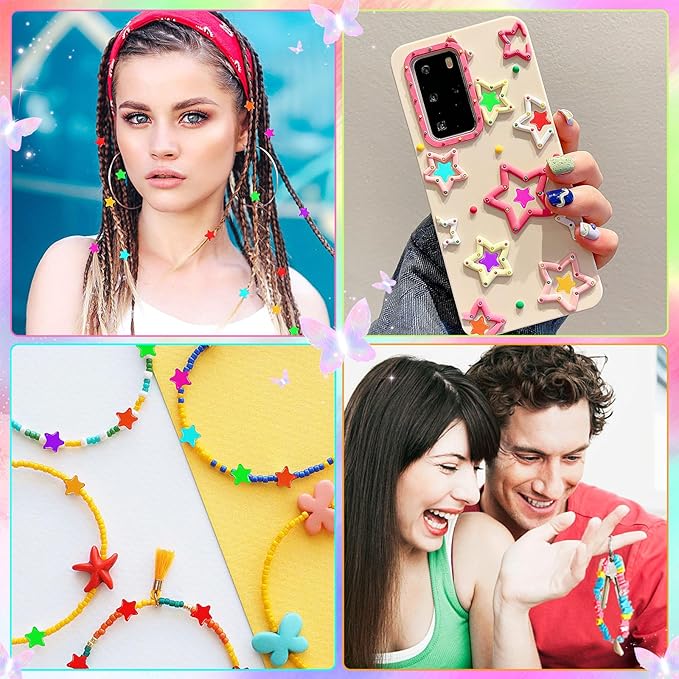 UPINS 1200 Pcs Star Pony Beads, Star Shape Spacer Beads Rainbow Beads Bulk Large Hole for Birthday 4th of July Pride Party Decorate Friendship Bracelets Hair Beads Crafts