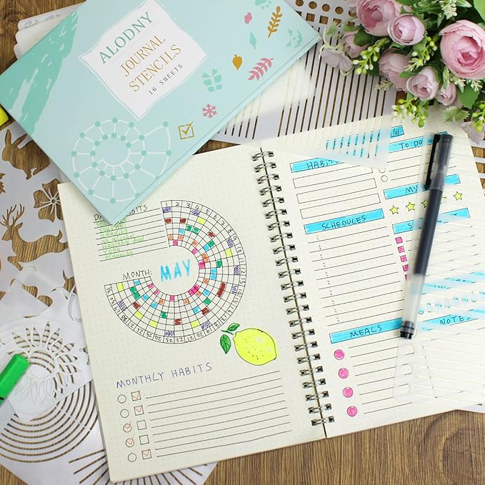 ALODNY 16 Pcs Journal Stencils Set - Time Saving Bullet Journaling Supplies/Accessories Kit -Ultimate Productivity Planner Stencil for Bullet Journal Stencils A5 Dotted Journals