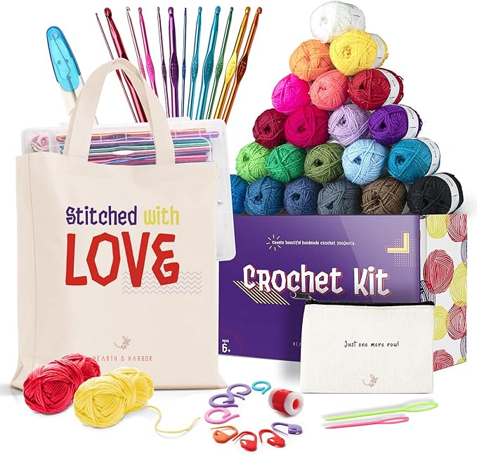 hearth & harbor 43 piece crochet kit for beginners adults and kids, small set with 9 hooks 55 yards of yarn crocheting kit, canvas tote bag lots more - beginner