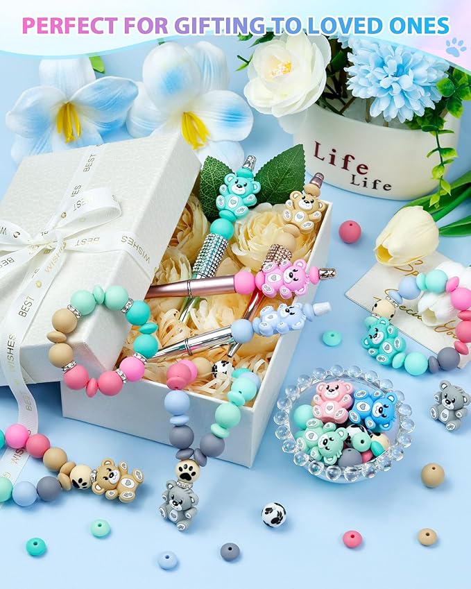 124PCS FIVEIZERO Silicone Focal Beads for Keychain Making, Animal Bear, 15mm Round 12mm Lentil & 10mm Rhinestone Beads for Pens, Bracelets & Crafts with Elastic Cord & Scissors