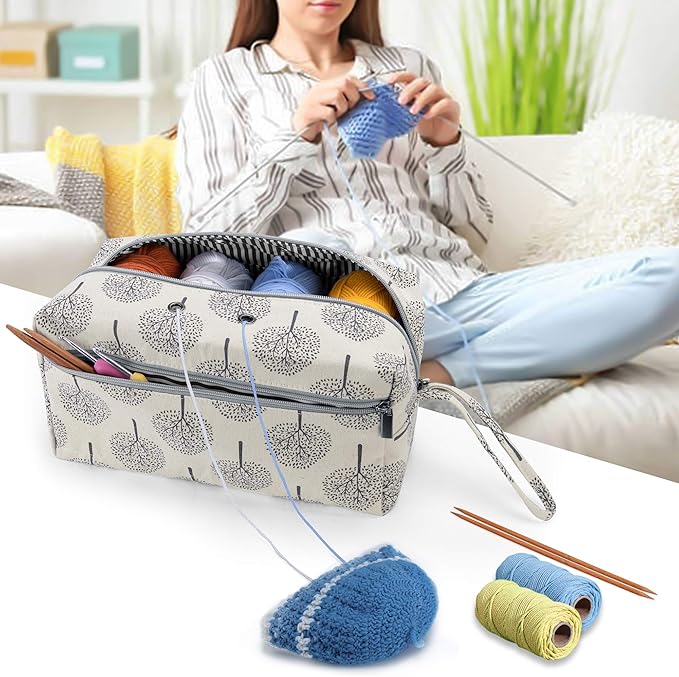 LUXJA Yarn Storage Bag, Carrying Knitting Bag for Yarn Skeins, Crochet Hooks, Knitting Needles (up to 10 Inches) and Other Small Accessories (Large, Trees)