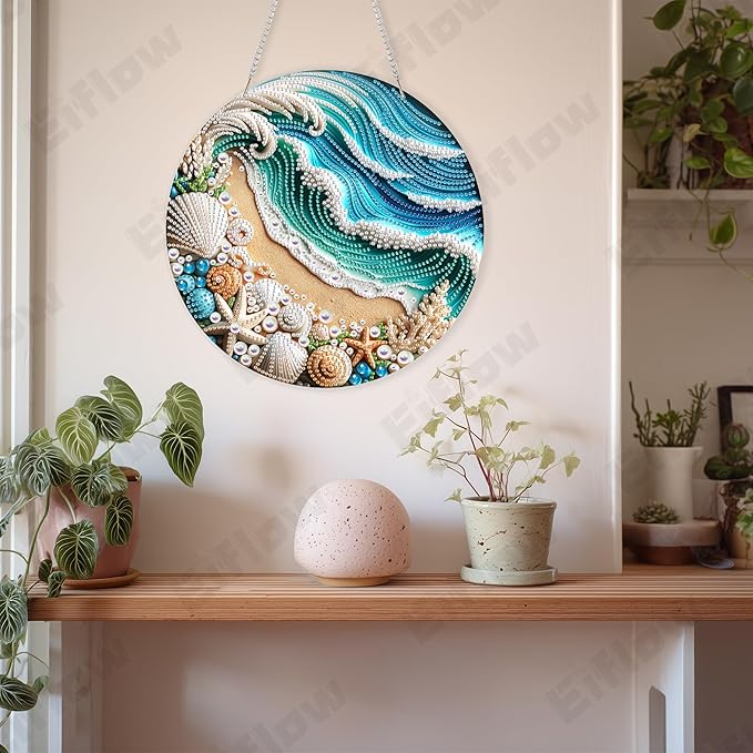 Eiflow Acrylic Diamond Art Hanging Kit for Adults, DIY Diamonds Painting Door Hanging Board Kit, Special Crystal Diamond Art Painting Pendant Ornament (Beach)