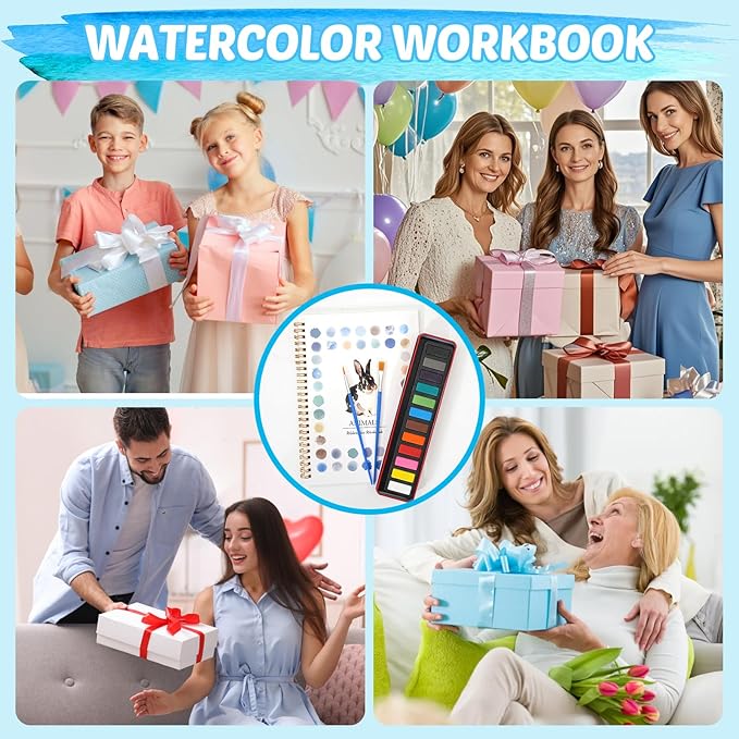Watercolor Workbook for Beginners, Watercolor Coloring Books for Adults, Easy Water Coloring Book, Animal Water Color Paint Set Painting Kit with 1 Spiral Sketchbook, 12 Colors, 2 Brushes, 1 Bucket