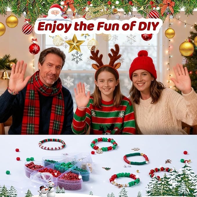Taybonds Christmas Bracelet Making Kit, Christmas Beads for Bracelets and Jewelry Making, Xmas Bead Kit with Red Green Pony Beads, Clay, Letter Beads and Charms,Holiday DIY Friendship Gifts