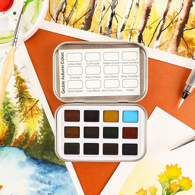 Grabie Pocket Watercolor Set of 12, Travel Watercolor Paint Set, Watercolor Paints, Art Supplies for Painting, Great Watercolor Set for Artists, Amateur Hobbyists and Painting (Autumn)