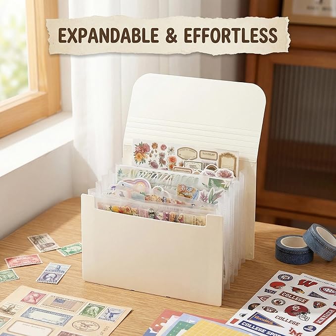 Sticker Storage Organizer with 7 Expandable Pockets, Multi-Layer Desktop Sticker Binder for Scrapbook Essentials and Journal Organizer, Large Capacity for Thick Sticker Album, Washi Tape(Cream)
