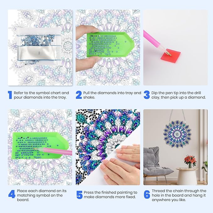 MXJSUA Special Shaped Hanging Diamond Painting Art Kits for Adults, Mandala Flower 3D Crystal Rhinestone Acrylic Gem Art Pendant Ornaments Kit for Home Decoration and Gift
