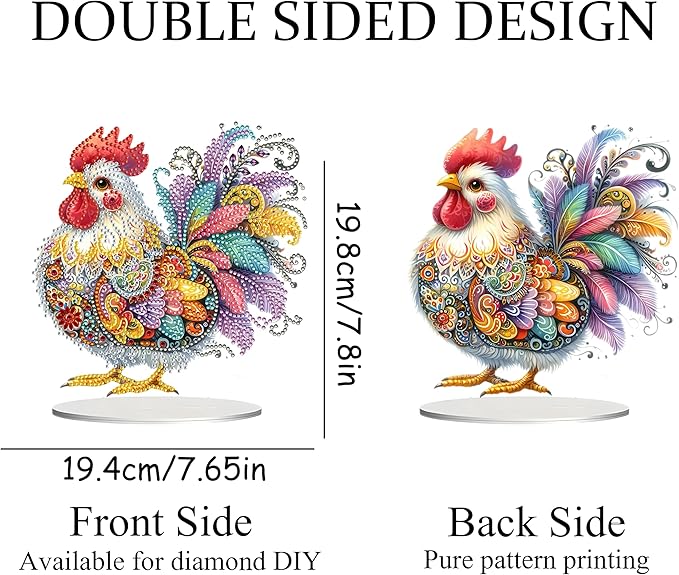 JJFox DIY Tabletop Diamond Art Painting Kit,Special Shaped Rhinestone Desk Placement Ornament,Home Stand Up Gem Painting Craft Kit,Gift,Double Sided. (Rooster-1)