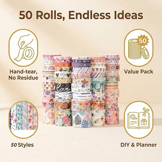 50 Rolls Washi Tape Set, Assorted Sizes, for Junk Journal Scrapbook, Bullet Journaling Scrapbooking Supplies, Planner Sticker DIY Craft Decor (Whimsical Doodles)