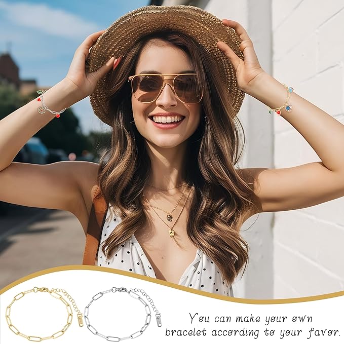 Wurosi 30PCS Paperclip Charm Bracelets Chain for Jewelry Making,6.3Inch 18K Gold Plated Bracelet Chain DIY Charm Bracelet Kit with Lobster Clasps(Gold)