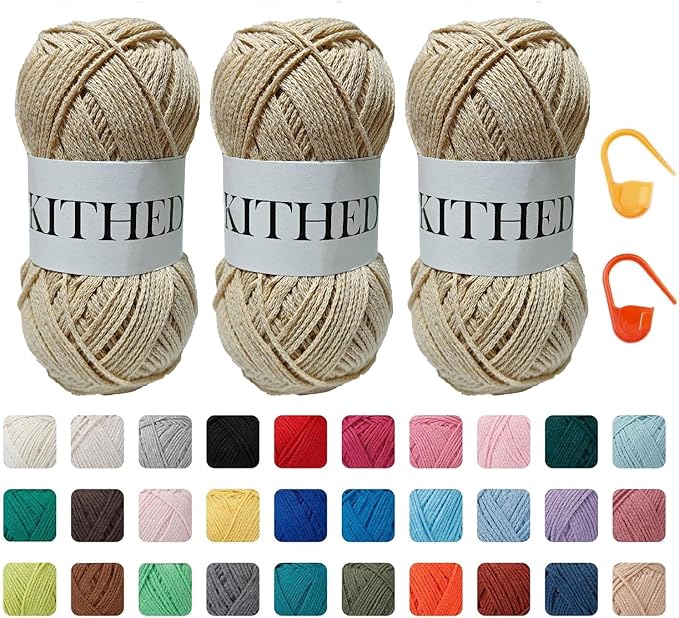 Cotton Chainette Yarn,4 Medium (Worsted)-10oz,3 Pack,Knitting Yarn for Beginners,Thicker for Crocheting and Knitting (47 Taupe)