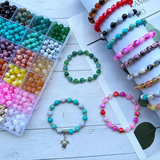 720Pcs 8mm Acrylic Round Beads for Jewelry Making, Bohemian Style Round Bead Faux Turquoise White Crack Bead Plastic Bubble Gum Beads for Bracelets Making Kit DIY Necklace Crafts