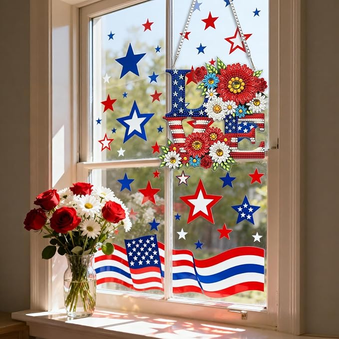 CEOVR Independence Day Hanging Diamond Art, American Flag Diamond Painting Pendant for Adults DIY Gem Art Wall Ornament, Acrylic Home Garden Decor with Chain, Box Kit 7.36×7.87inch