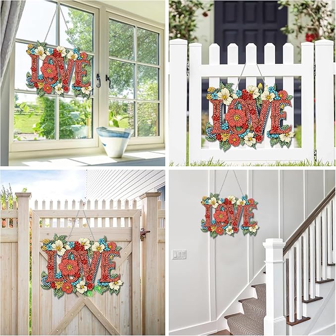 Reofrey Hanging Diamond Art Kits for Adults - 8x8 Inch Love Acrylic Board Double Sided Pattern Diamond Painting Suncatcher Pendant, DIY Crystal Art for Home Wall or Window Decoration Handmade Gift
