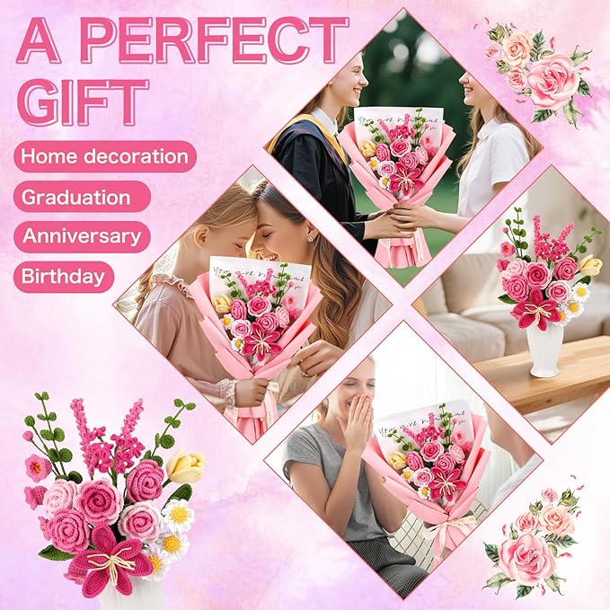 Iuuidu Crochet Kit for Beginners, Rose-Pink Flower Bouquet Crochet Kit, Knitting Kit with Step-by-Step Video Tutorials for Woman Birthday Anniversary Day Weddings Party Present, Home Decor