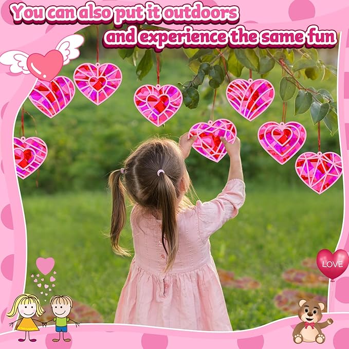 32 Sets Valentines Day Heart Suncatchers Craft Kit DIY Window Stained Glass Effect Valentines Heart Paper Crafts Home School Classroom Decoration Birthday Gift Creative Art Project & Activity Game