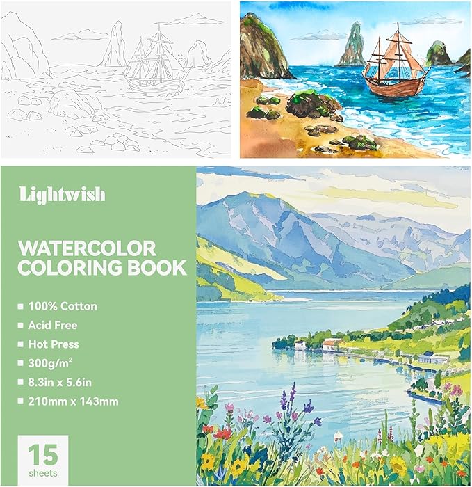 Lightwish Watercolor Coloring Book for Adults & Beginners,100% Cotton 300gsm/140lb Acid-Free Hot Press Paper, 8.3 x 5.6 Inches,15 Sheets,Landscape-Themed