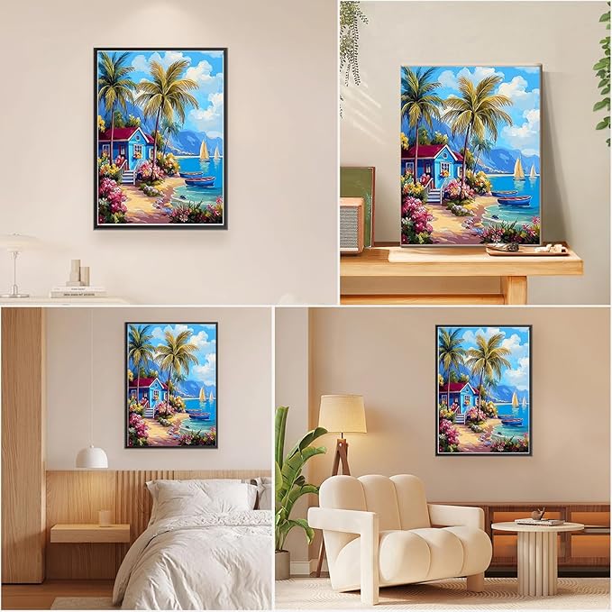 EOBROMD Framed Paint by Numbers Kits for Adults - Wooden Easel, Landscape Beach DIY Kits Crafts for Beginner, Painting on Stretched Canvas, Oil Paint by Numbers for Home Decor Gift 10x14 Inch