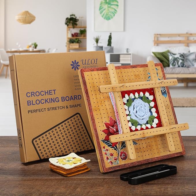 ULOI 13" Crochet Blocking Board - Upgraded Style with 4 Tension Rods and 20 Pegs – Blocking Boards for Crochet Projects, Ideal for Granny Square Card Deck Users (Crimson)
