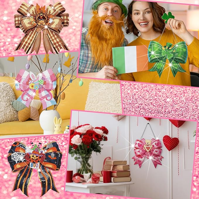 Cinnvoice 12 Pcs Seasonal Diamond Art Wreath Kits Holiday 5d DIY Diamond Art Hanging Signs Winter Spring Ornaments for Wall Door Decoration(Bow)