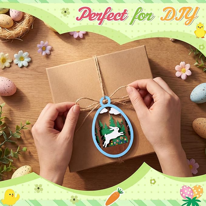 Chunful 36 Pcs Easter Crafts for Adults Kids Wooden 3D Easter Crafts to Paint Ornaments DIY Hanging Unfinished Wood Egg Unpainted Cutouts Slices Rabbit Bunny Butterfly Flower Decor Spring Gifts Tags