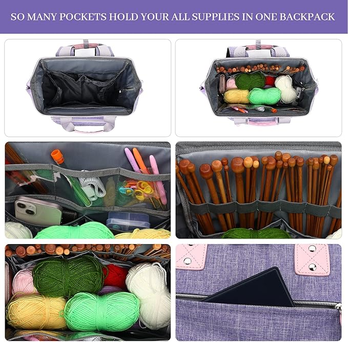LTINVECK Crochet Backpack,Knitting Bag Backpack Yarn Storage Organizer Travel Crochet Bag,Large Yarn Tote Bag Yarn Holder Case for Knitting Needles,Crochet Hooks,Crochet Accessories