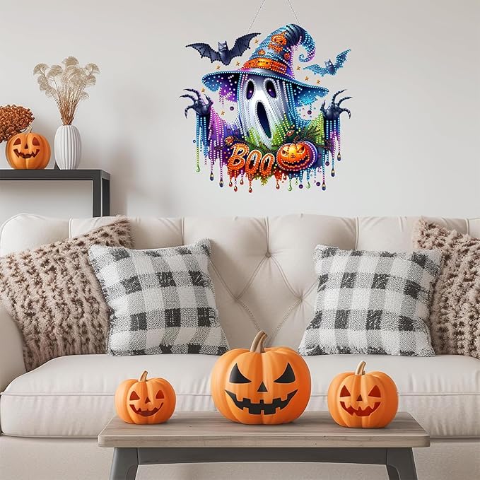 Diamond Art Hanging Kits for Adult, Ghost Crafts Decor 5D DIY Acrylic Diamond Art Painting Ornaments, Window Pendants Wall Hanging Kits for Home Garden