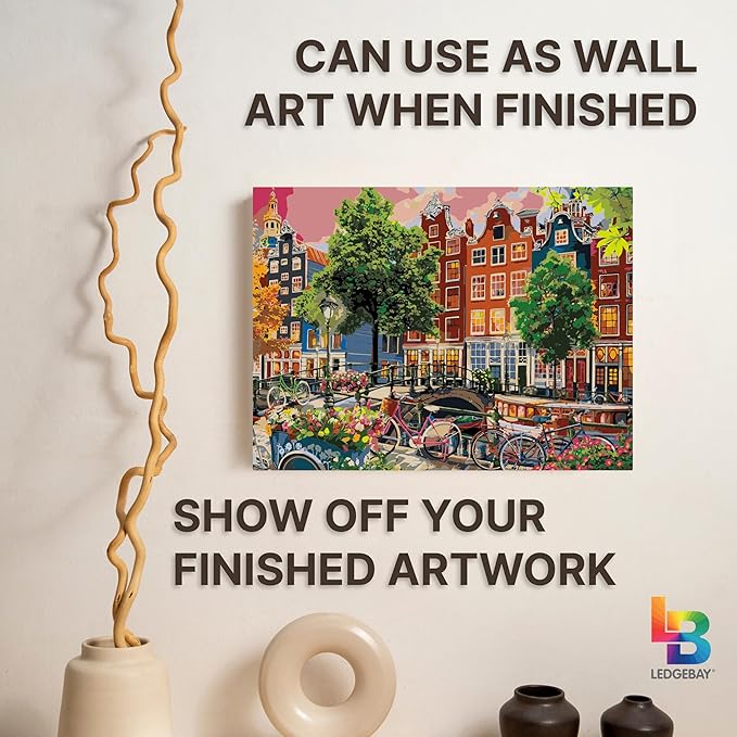 Ledgebay DIY Paint by Numbers Kit for Adults Framed Canvas Beginner to Advanced Paint by Numbers Kit Kits Include Acrylic Paint set Brushes&Tabletop Easel(Beautiful Sunset in Amsterdam 12"x16" Framed)