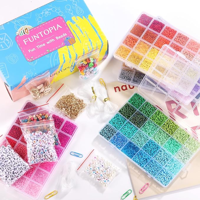 Funtopia 4mm 13000pcs+ Seed Beads for Jewelry Making, 120 Colors Small Glass Beads for Bracelets, Friendship Bracelet Kit with Alphabet Letter Bead Smile Face Bead for DIY, Art and Craft