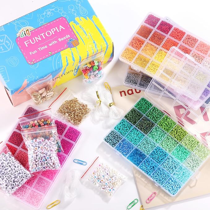 Funtopia 120 Colors 2mm Seed Beads for Jewelry Making, 49000 pcs Tiny Glass Beads for Bracelets, Friendship Bracelet Kit with Alphabet Letter Beads Smile Face Beads for DIY, Art and Craft