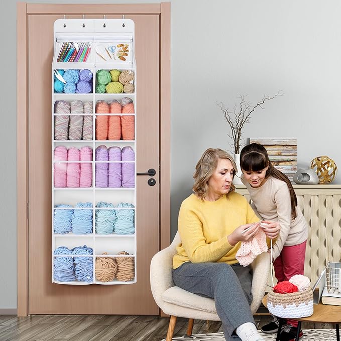 Univivi 6 Tiers Hanging Yarn Storage Organizer, Large Knitting Organizer with 12 Deep Clear Pockets & 10 Mesh Side Pockets, Over The Door Yarn Holder for Crochet Hooks, Knitting Needles, White